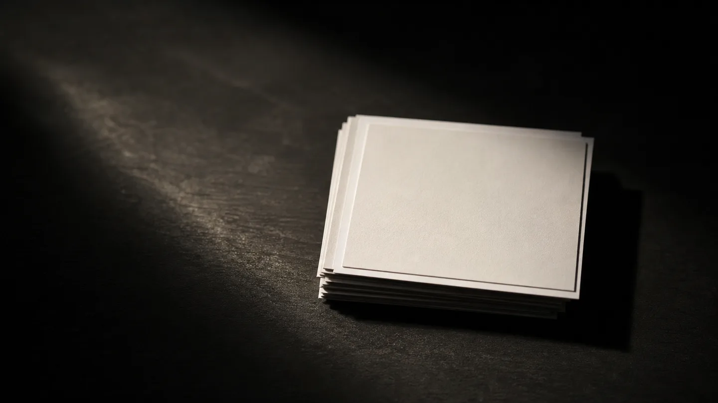 A stack of blank unlabeled photographic prints on a dark table in a single shaft of side light.