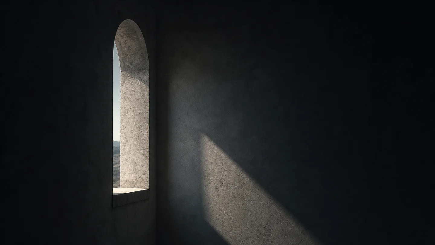 A shaft of hard directional light falling through an archway across a dark plaster wall.