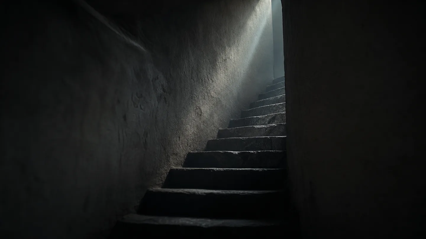 A dark stone stairwell climbing toward a single hard shaft of light from above.