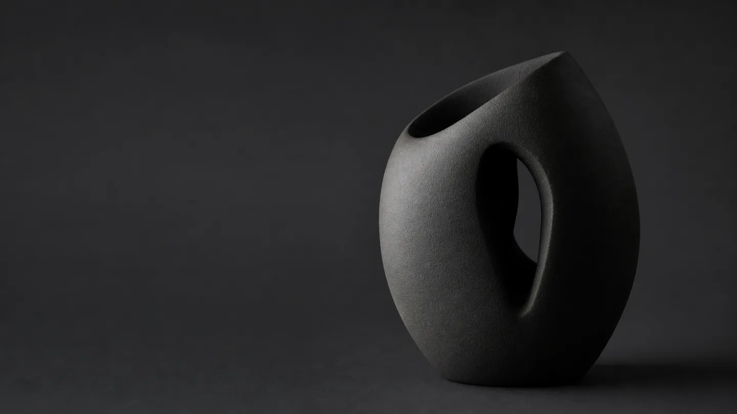 Studio render of a sculptural matte form emerging from shadow